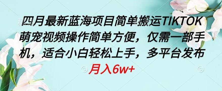 四月最新蓝海项目，简单搬运TIKTOK萌宠视频，操作简单方便，仅需一部手机【揭秘】-天孤无涯网
