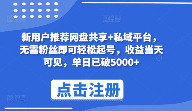 新用户推荐网盘共享+私域平台，无需粉丝即可轻松起号，收益当天可见，单日已破5000+【揭秘】-天孤无涯网