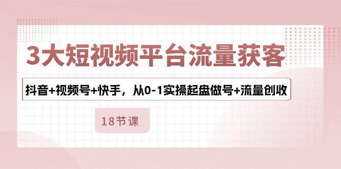 3大短视频平台流量获客，抖音+视频号+快手，从0-1实操起盘做号+流量创收-天孤无涯网