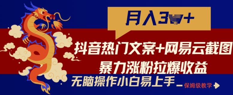 抖音热门文案+网易云截图暴力涨粉拉爆收益玩法，小白无脑操作，简单易上手【揭秘】-天孤无涯网