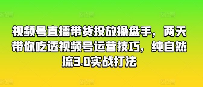 视频号直播带货投放操盘手，两天带你吃透视频号运营技巧，纯自然流3.0实战打法-天孤无涯网