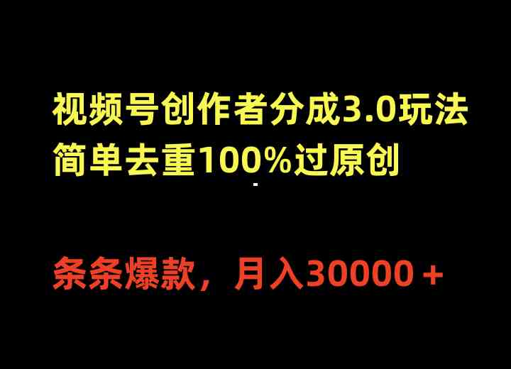 （10001期）视频号创作者分成3.0玩法，简单去重100%过原创，条条爆款，月入30000＋-天孤无涯网