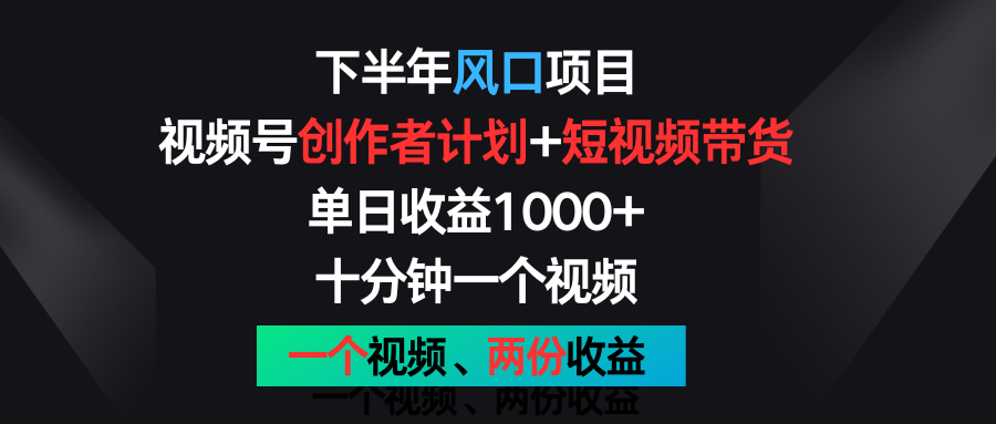 下半年风口项目，视频号创作者计划+视频带货，单日收益1000+，一个视频两份收益-天孤无涯网