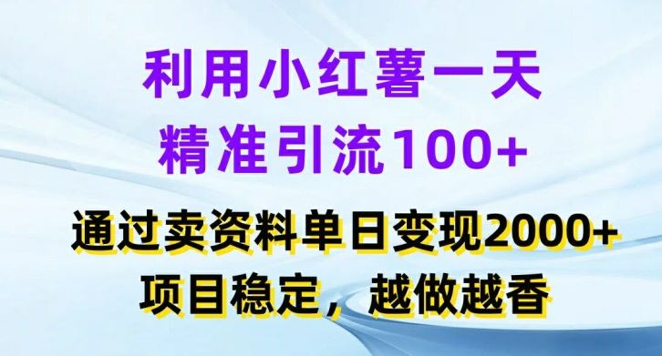 利用小红书一天精准引流100+，通过卖项目单日变现2k+，项目稳定，越做越香【揭秘】-天孤无涯网
