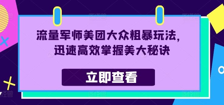 流量军师美团大众粗暴玩法，迅速高效掌握美大秘诀-天孤无涯网