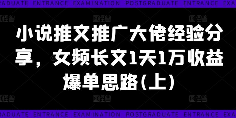 小说推文推广大佬经验分享，女频长文1天1万收益爆单思路(上)-天孤无涯网