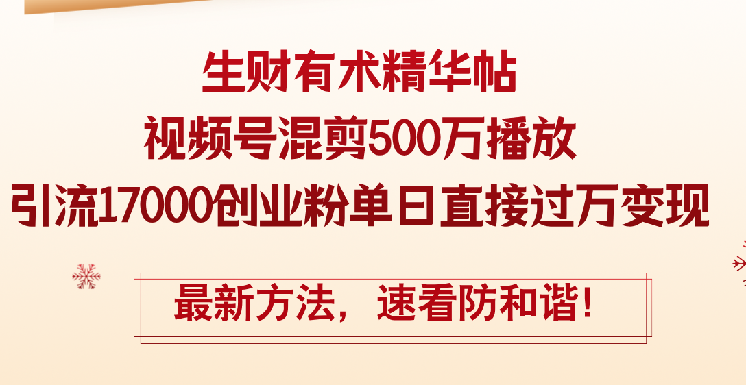 （12391期）精华帖视频号混剪500万播放引流17000创业粉，单日直接过万变现，最新方…-天孤无涯网