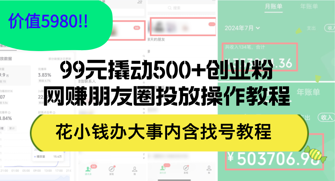 （12431期）99元撬动500+创业粉，网赚朋友圈投放操作教程价值5980！花小钱办大事内…-天孤无涯网