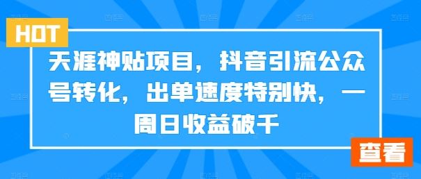 天涯神贴项目，抖音引流公众号转化，出单速度特别快，一周日收益破千-天孤无涯网