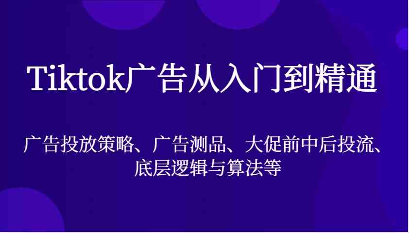 Tiktok广告从入门到精通，广告投放策略、广告测品、大促前中后投流、底层逻辑与算法等-天孤无涯网