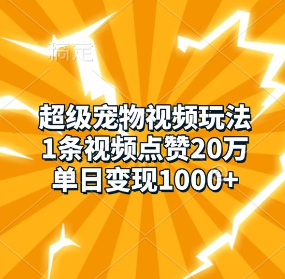 超级宠物视频玩法，1条视频点赞20万，单日变现1k-天孤无涯网