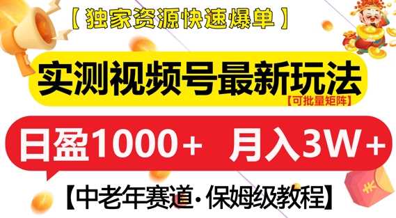 实测视频号最新玩法，中老年赛道，独家资源，月入过W+【揭秘】-天孤无涯网