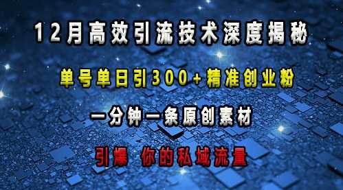 最新高效引流技术深度揭秘 ，单号单日引300+精准创业粉，一分钟一条原创素材，引爆你的私域流量-天孤无涯网