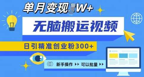 无脑搬运视频号可批量复制，新手即可操作，日引精准创业粉300+，月变现过W 【揭秘】-天孤无涯网