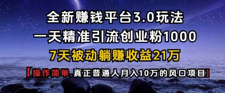 全新赚钱平台3.0玩法一天精准引流创业粉1000.7天被动躺Z收益21W【仅揭秘】-天孤无涯网