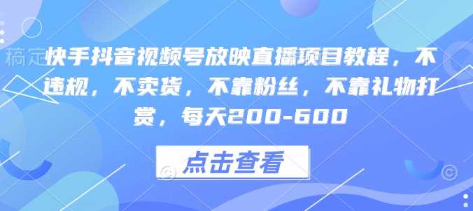 快手抖音视频号放映直播项目教程，不违规，不卖货，不靠粉丝，不靠礼物打赏，每天200-600-天孤无涯网