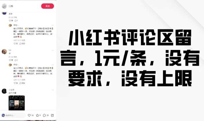 小红书评论区留言，1元条，没有要求，没有上限-天孤无涯网